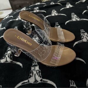 Bebe Tan and Clear Studded Heels